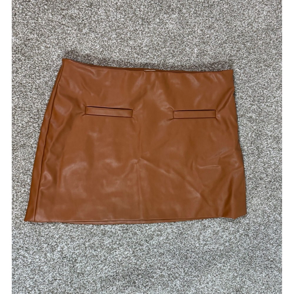 A New Day Cognac Faux Leather Mini Skirt Brown Size 12 Welt Pockets Mini Skirt